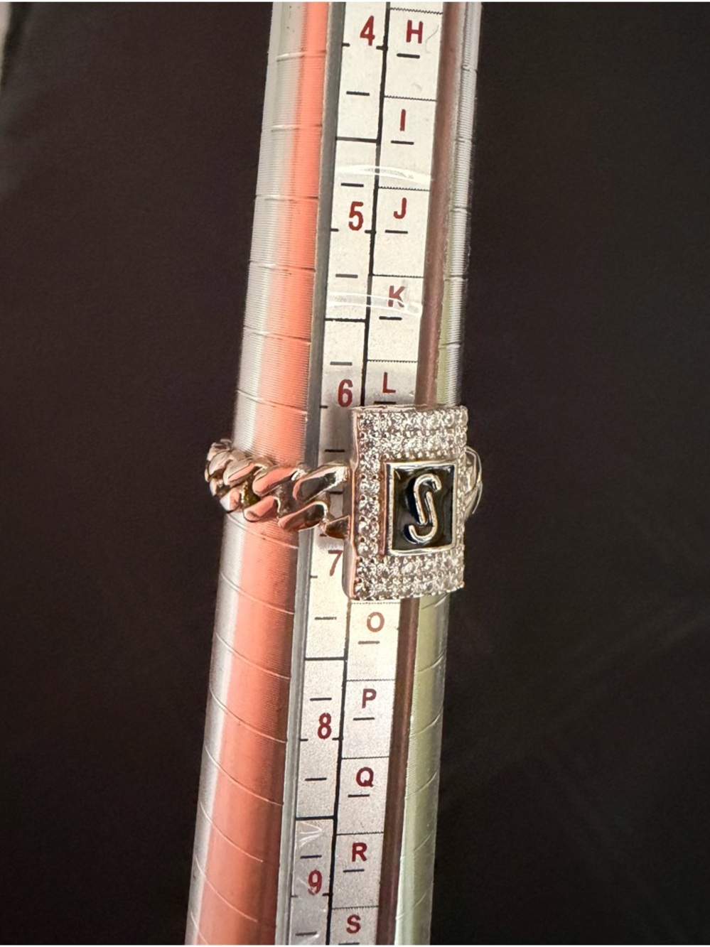 monaco Silver-Tone Chain Ring with Black Initial 'S' and Crystal Pavé